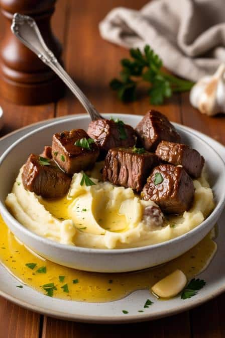 Garlic Butter Steak Bites and Mash