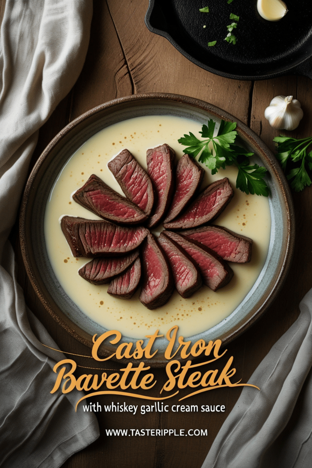 Savor Cast Iron Bavette Steak with Whiskey Garlic Cream Sauce