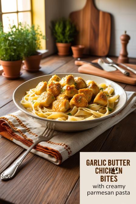 Garlic Butter Chicken Bites with Creamy Parmesan Pasta